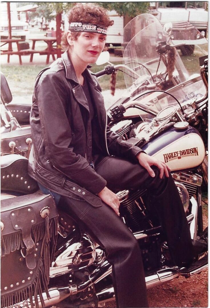 Ann Ferrar, biographer of Bessie Stringfield and author of "Hear Me Roar: Women, Motorcycles and the Rapture of the Road," at the Black Hills Motor Classic in Sturgis, South Dakota, August 1990.  Photo by Becky Brown, Founder, Women in the Wind.